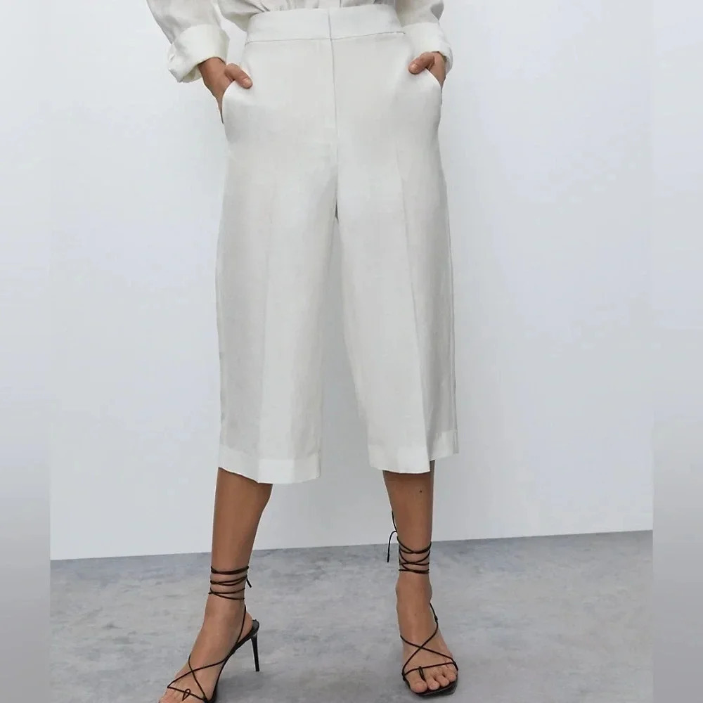 Aritzia Babaton Women's Pant White Size 2 High rise Linen Culottes Wide Leg Crop